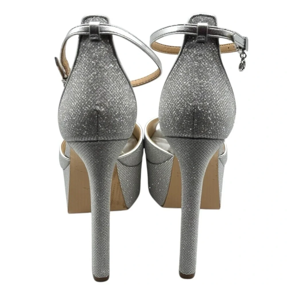 Michael Kors Silver Glitter Platform Stiletto Heel Ankle Strap Peep Toe Size 9.5